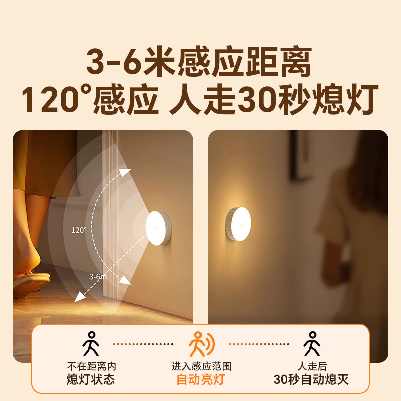 人体感应灯家用超大容量玄关过道床头人来即亮智能led充电小夜灯