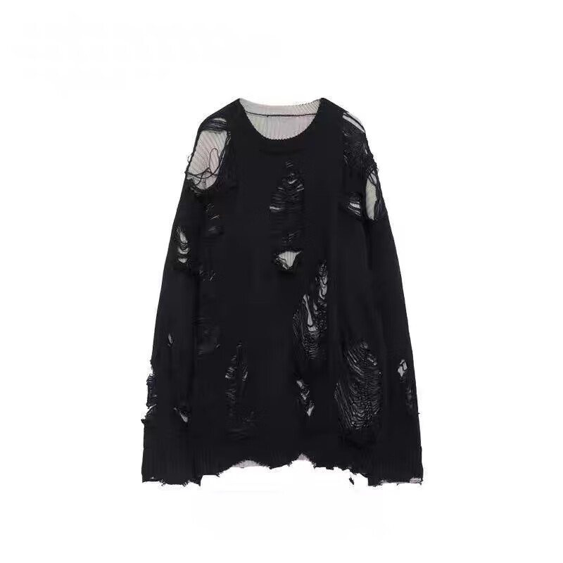 浣卿袖毛衣欧美风男高街假两件oversize破洞女秋冬季慵懒风镂空美式针织