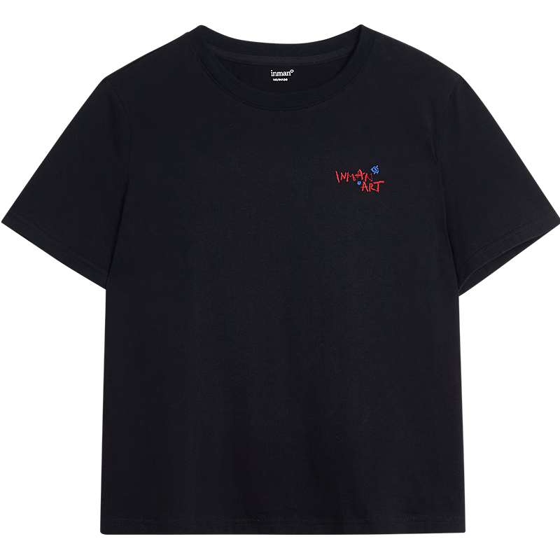茵曼（INMAN）经典纯棉刺绣圆领短袖2026春季女装休闲百搭基础款T恤 午夜黑 M