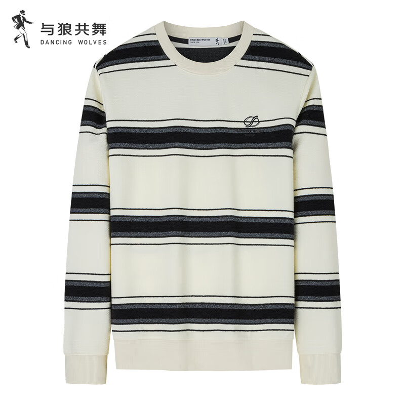 与狼共舞时尚撞色条纹圆领卫衣秋冬弹力舒适套头衫上衣男 米白 XS (160)