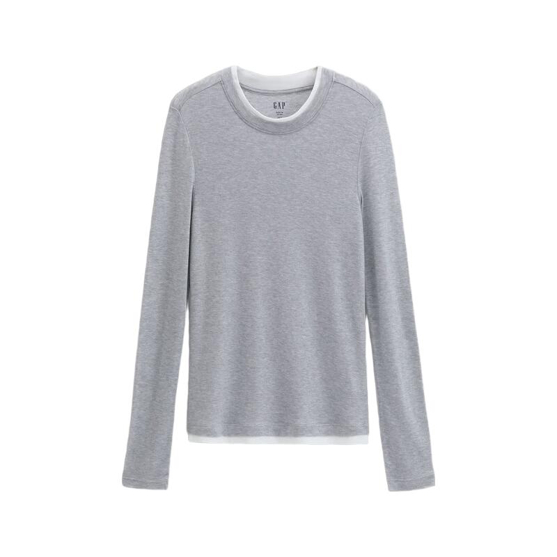 GAP女装2025秋季莱赛尔混纺撞色假两件圆领修身长袖T恤 浅灰色 M (165/88A)亚洲尺码