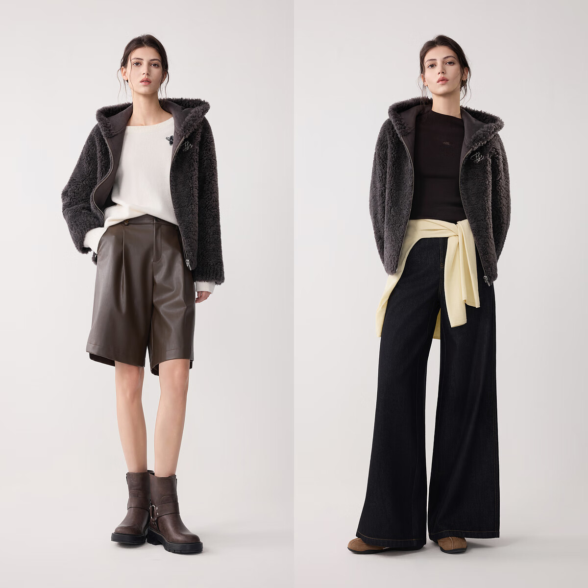 ELLE【100%绵羊毛】法式连帽毛绒外套女2025冬季新款羊羔毛上衣 深灰