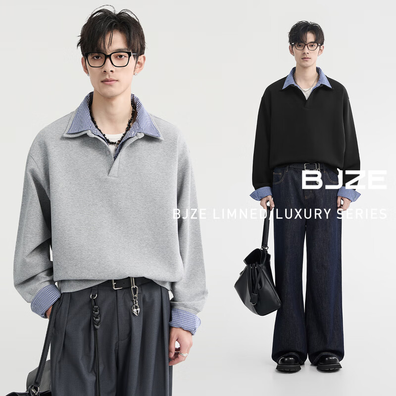 伯爵卓尔假两件衬衫领卫衣外套男士套头休闲上衣2025春季 N511002 森林黑 L (175)