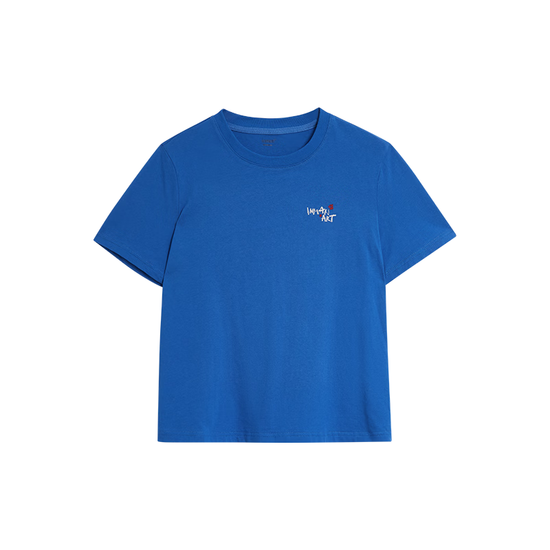 茵曼（INMAN）经典纯棉刺绣圆领短袖2026春季女装休闲百搭基础款T恤 克莱因蓝 XL