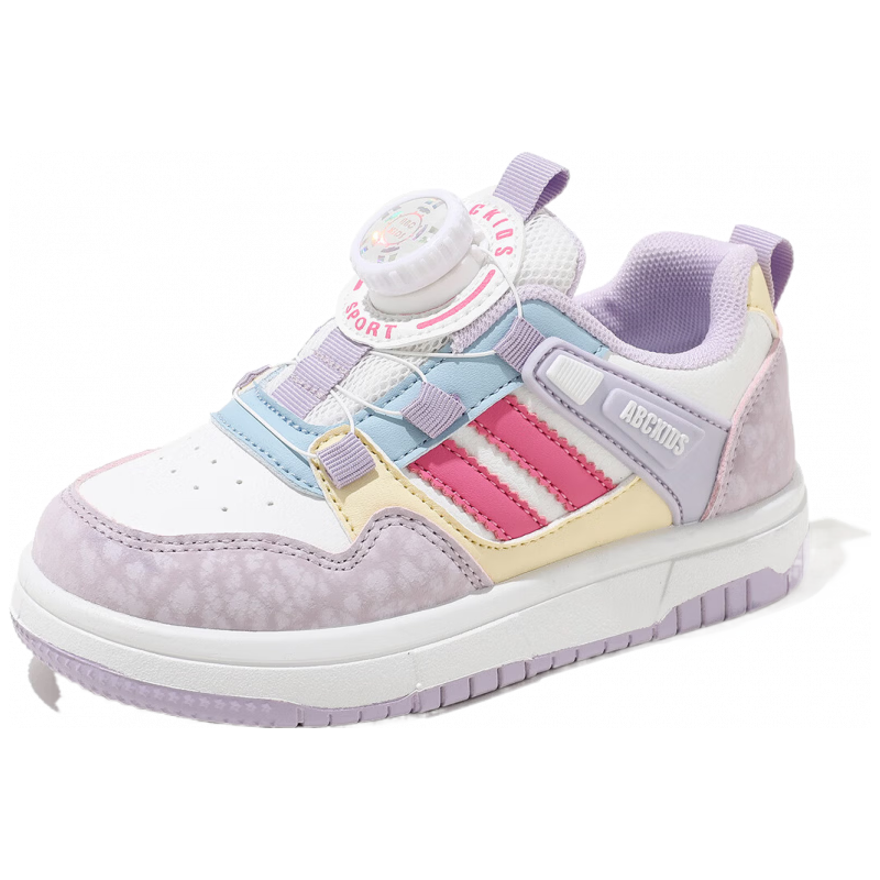 ABC KIDS童鞋舒适儿童旋钮扣运动鞋2026春季透气女童跑鞋男童耐磨鞋子 白紫玫红 26 内长约16.7cm