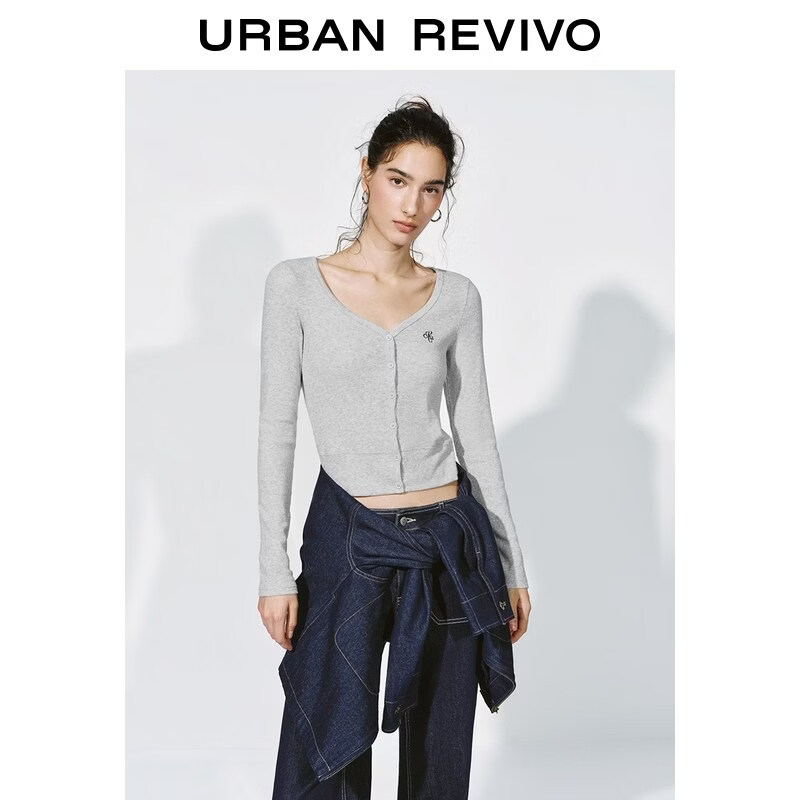 UR2026春季女装休闲格雷系刺绣修身短款T恤UYY460010 浅灰花灰 M