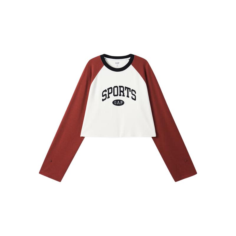 GAP女装印花logo撞色插肩长袖T恤短款宽松上衣637542 白红拼接 160/80A(S) 亚洲尺码