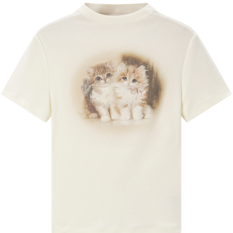 乐町 甜美浪漫半高领猫咪图案印花正肩短袖夏季修身T恤