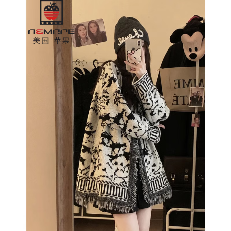 AEMAPE高级感复古提花流苏毛衣开衫外套女秋冬中长款宽松慵懒风早春针织 黑白拼色 L -105-115斤拍