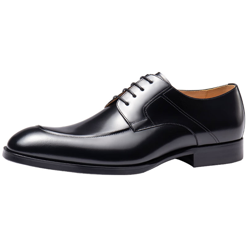 村哥牛皮商务正装皮鞋男休闲系带英伦漆皮男鞋 黑色 38