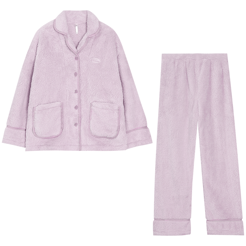 红豆睡衣女珊瑚绒加厚简约款开衫保暖家居服套装 女-芋泥紫 M 165