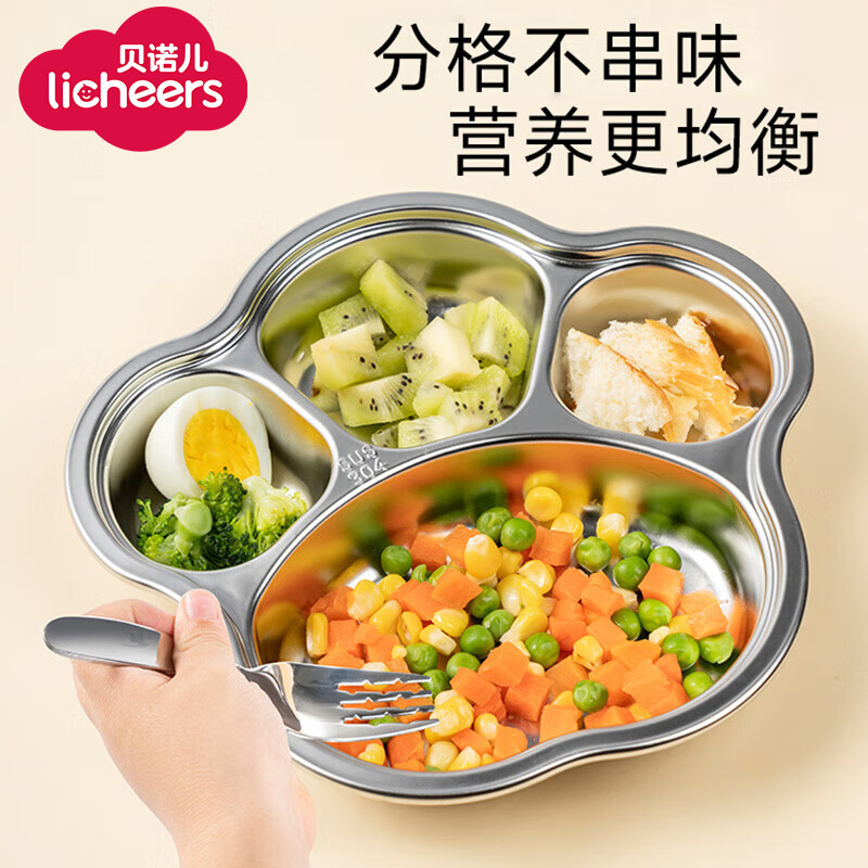 licheers儿童餐盘宝宝餐具幼儿园吃饭不锈钢分格餐盘婴儿辅食餐具