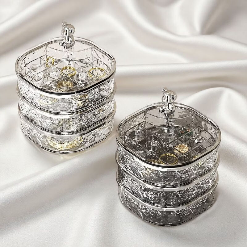 XIYOOMI塑料首饰收纳盒高级轻奢首饰盒 桌面耳钉戒指项链饰品收纳盒 水波纹旋转首饰盒（透明）