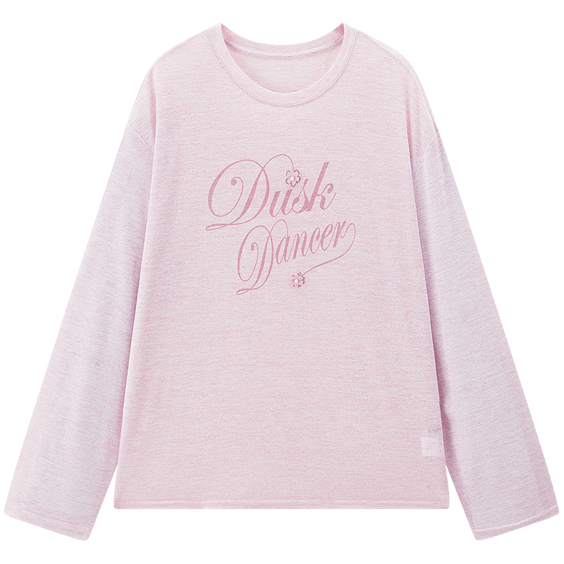 乐町 2025春季韩系清甜花体字母印花简约圆领宽松落肩长袖T恤