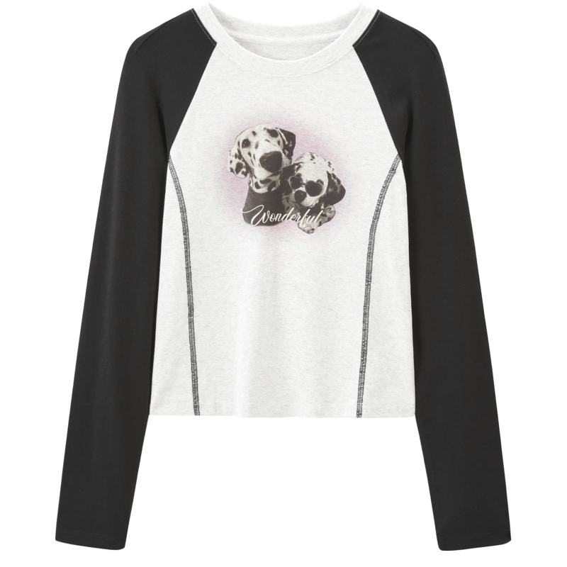 乐町 美式复古风秋季撞色插肩袖斑点狗印花修身长袖T恤