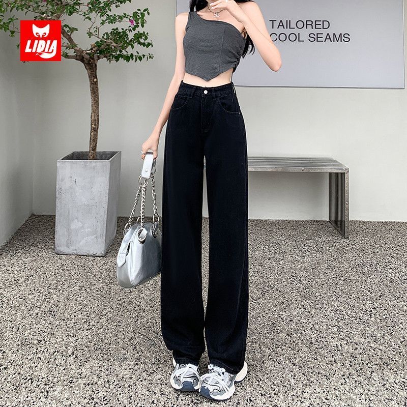 黑色阔腿牛仔裤女春秋款2025年高腰显瘦直筒宽松拖地裤子