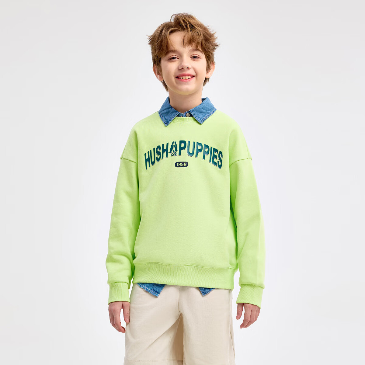 暇步士（Hush Puppies）童装儿童男女童2026年春季色彩纷呈自在随心休闲萌趣卫衣 鲜草绿 170 cm