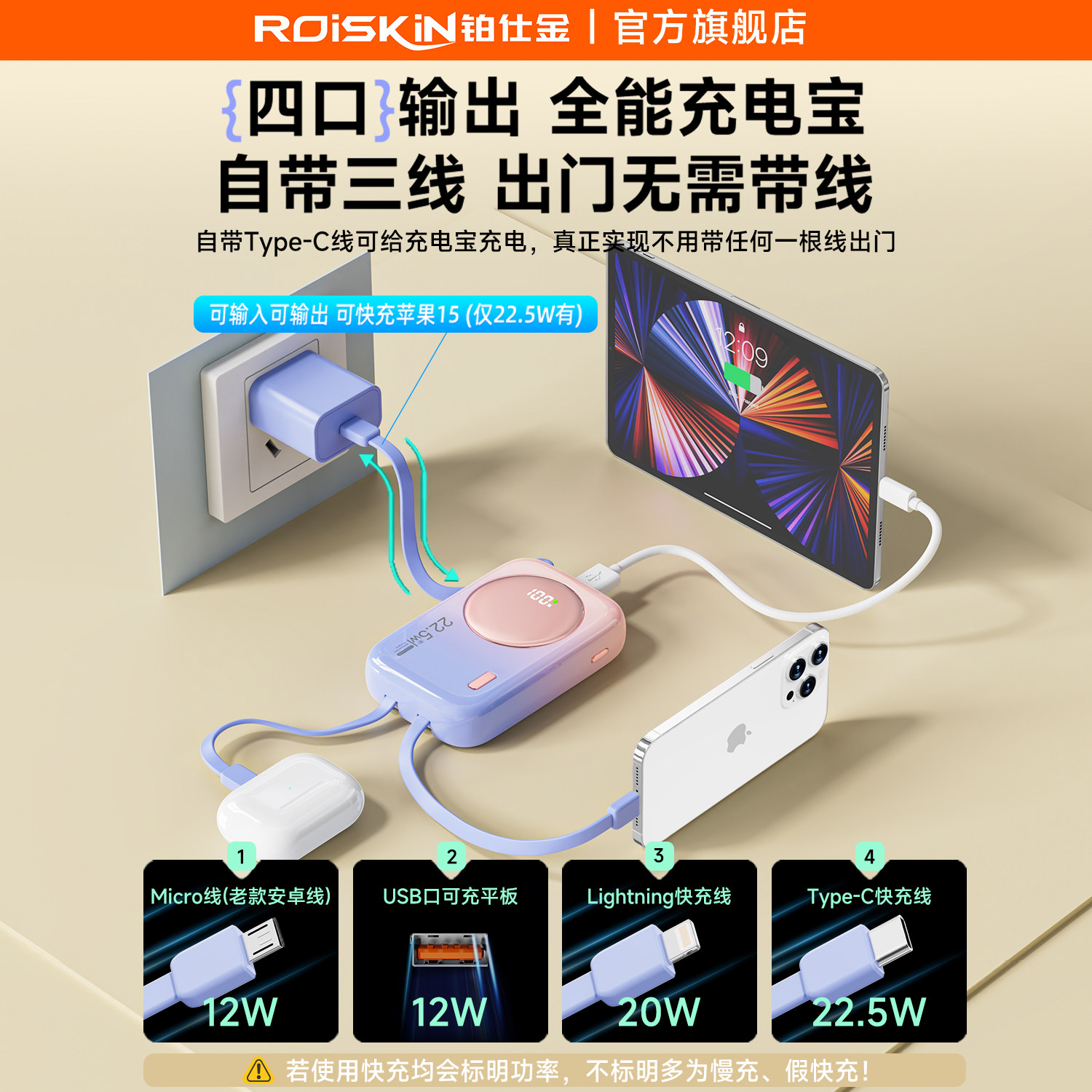 【3c认证可上飞机】Roiskin充电宝自带三线双向快充20000毫安容量超大适用iphone苹果15promax小米华为手机