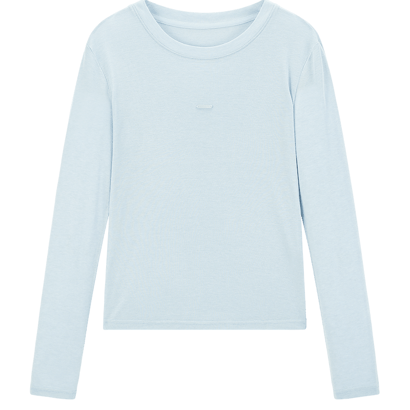 乐町 【天丝面料】乐町韩系通勤春季PU字母标圆领修身长袖T恤