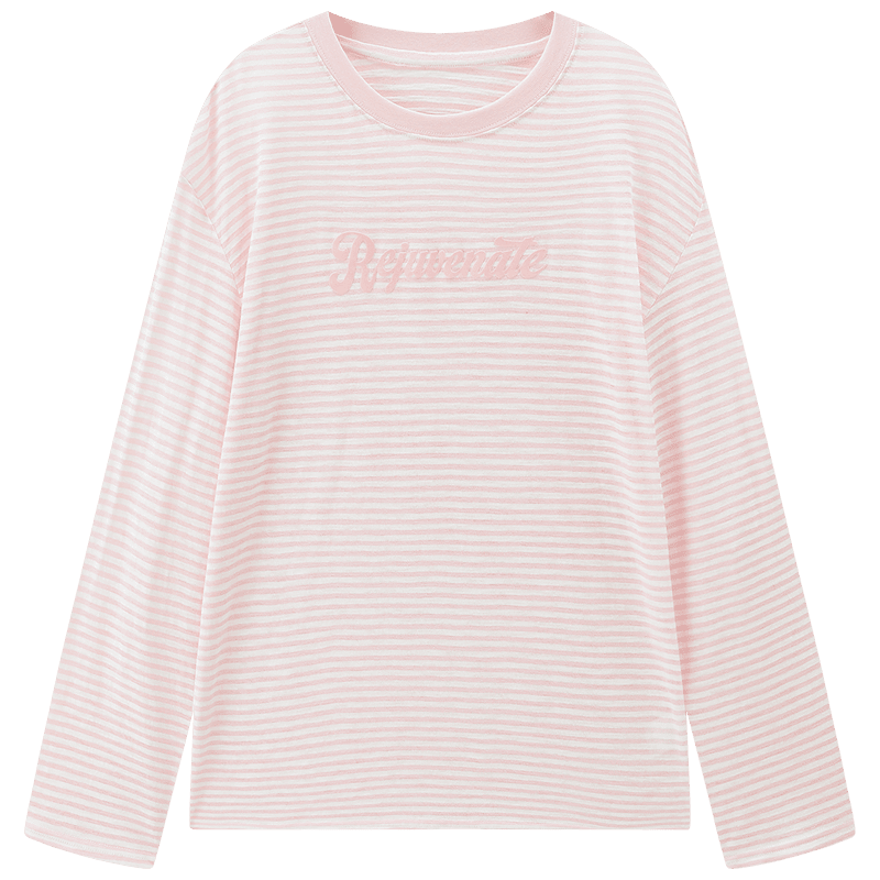 乐町 2025春季韩系清甜撞色条纹宽松落肩圆领植绒印花长袖T恤