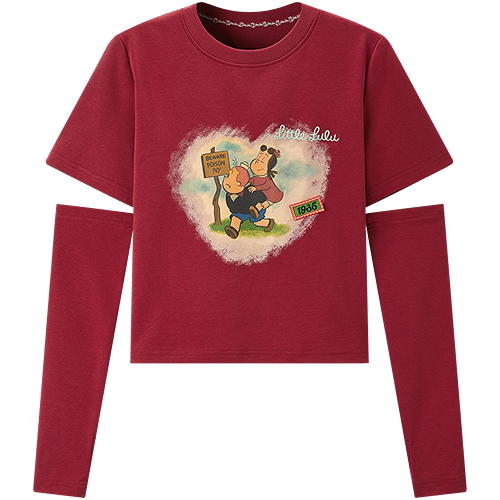 乐町 袖套式设计爱心T恤短袖夏季辣妹风短款内搭圆领修身上衣