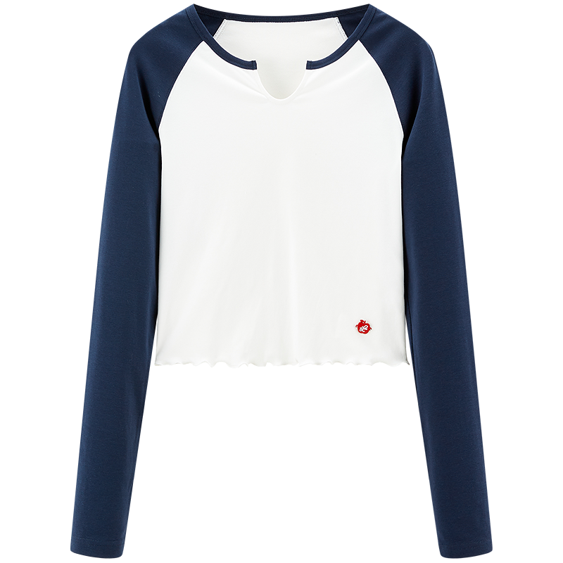 乐町 韩系清甜V领插肩长袖T恤2025春季木耳边苹果小标设计上衣