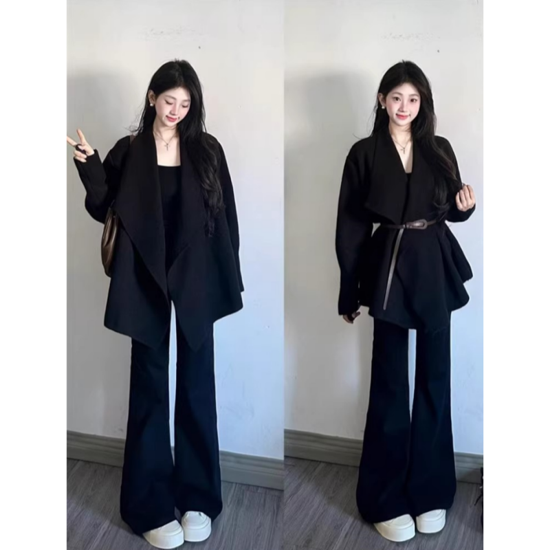 2025百搭黑色微喇裤春季气质黑色显瘦裤子