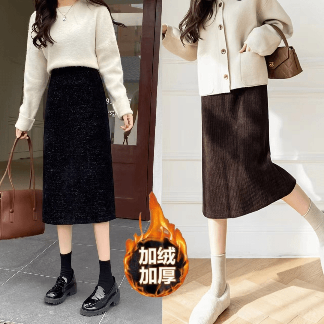 半身裙女秋冬中长款高腰A字裙星空加厚包臀裙开叉过膝长裙子