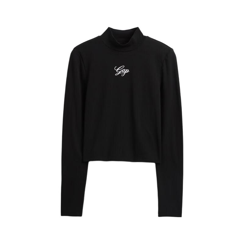 盖璞Gap女装2025冬季花体logo印花高领长袖T恤休闲上衣美版 黑色 S 美码  M亚洲码165/88A