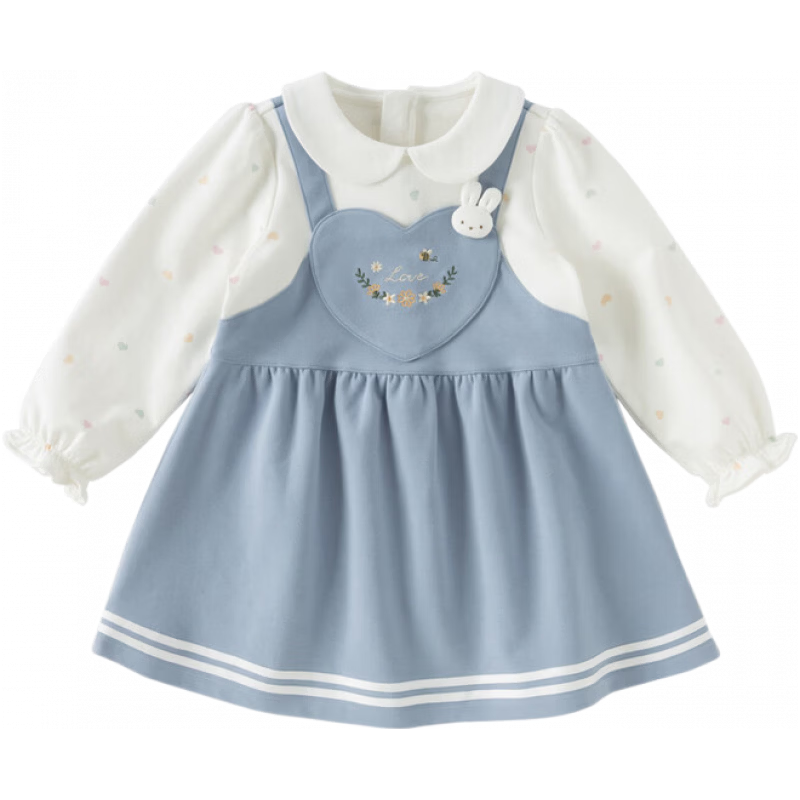 戴维贝拉（DAVE＆BELLA）女童假两件连衣裙2026春装女宝宝裙子洋气儿童公主裙童裙 灰蓝色 90 cm（身高80-90cm）