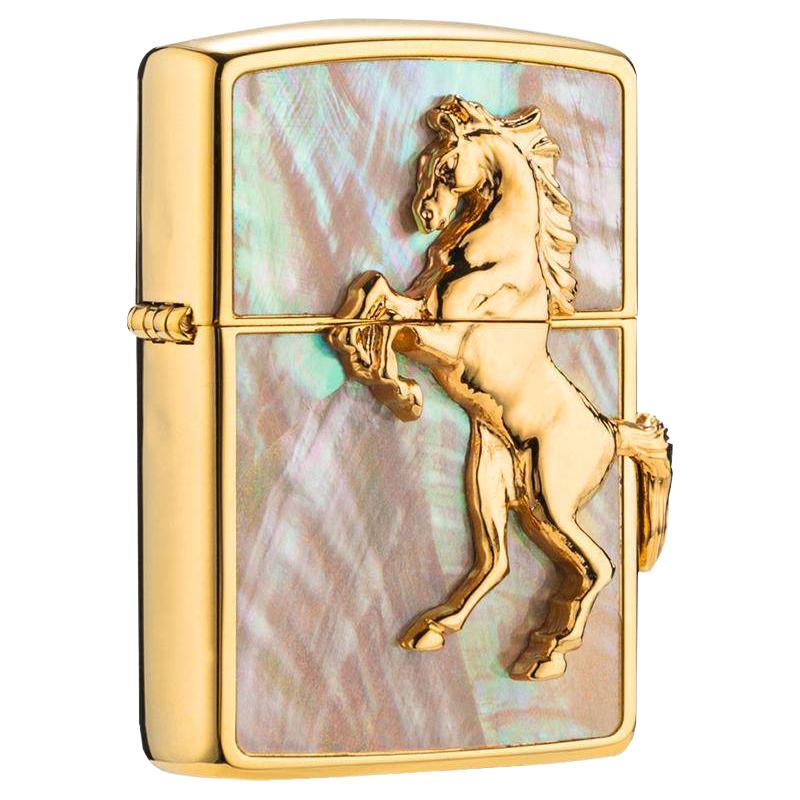  ZIPPO/之宝 贝壳镶嵌贴章 zippo打火机  红贝壳骏马 香槟金骏马
