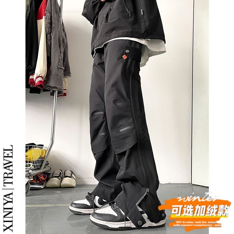 加绒加厚冲锋裤男秋冬加绒美式高街春季户外登山防水直筒休闲长裤