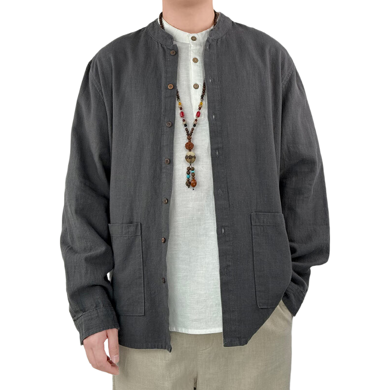 YZYU单农男装棉麻长袖衬衫男士春秋苎麻休闲外套立领衬衣 黑色