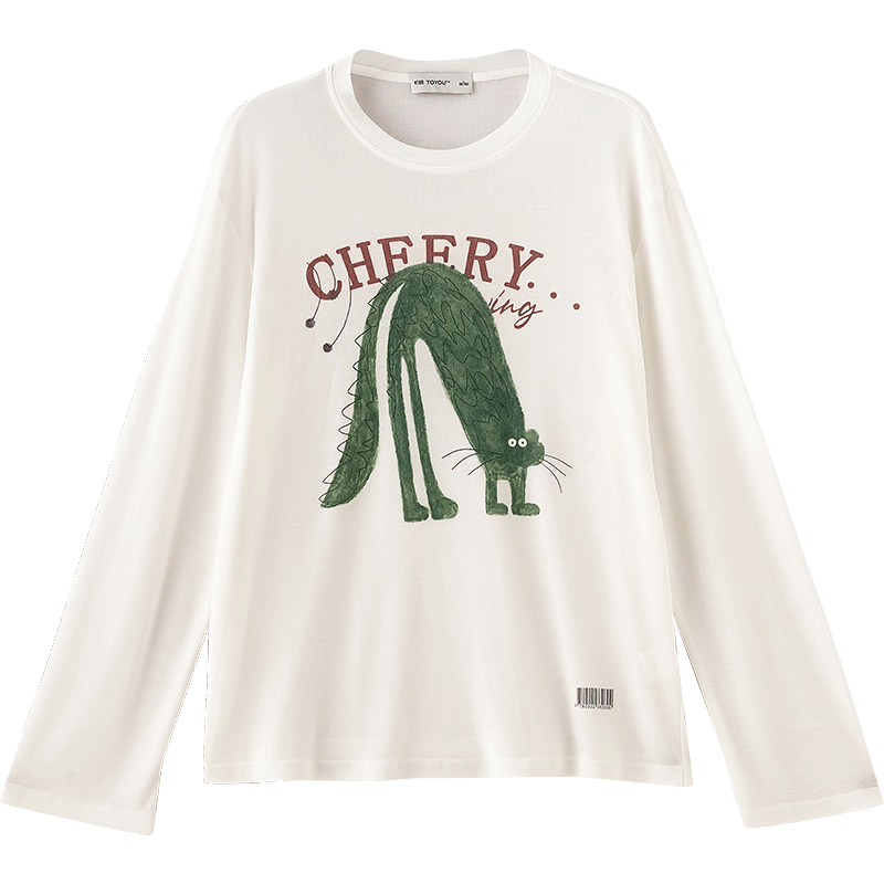 初语莱赛尔天丝羊毛罩衫女2026春季艺术联名趣味空调衫T恤 米白色 S