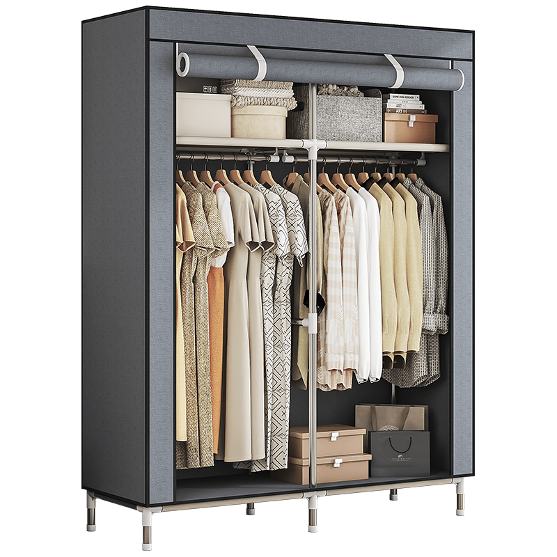 蜗家衣柜简易布衣柜出租房卧室单人宿舍衣柜衣服柜落地衣橱简易安装 灰色//4格2挂