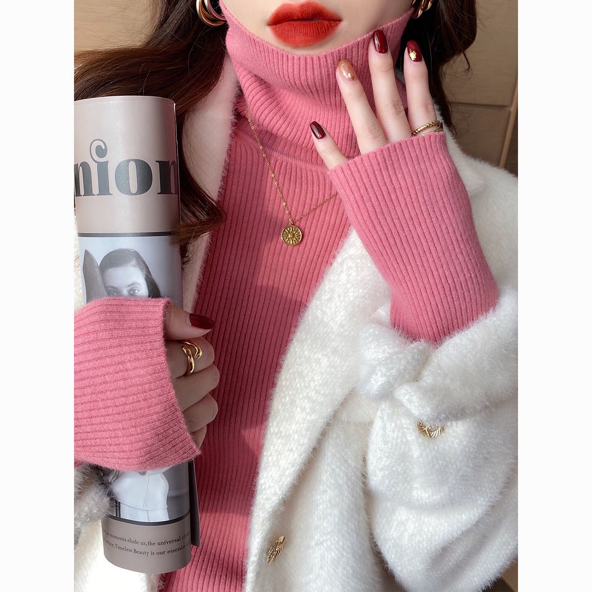 粉色高领毛衣女秋冬加厚2025年保暖针织衫打底衫内搭洋气上衣