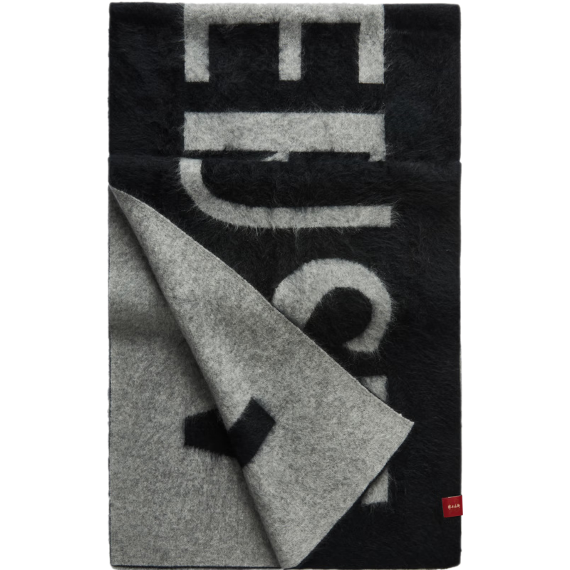 鄂尔多斯1980秋冬羊绒拉绒提花质感舒适围巾女纯羊绒围巾 黑 190cmX40cm