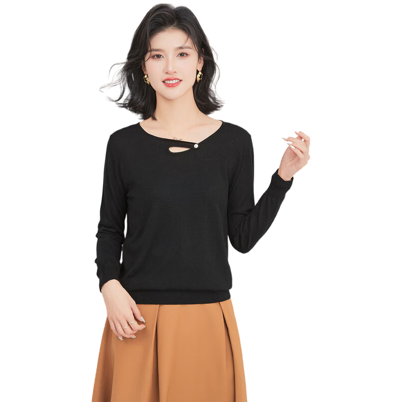 金菊特价款绵羊毛镂空针织打底衫高级感2025秋季多色圆领羊毛衫女毛衣