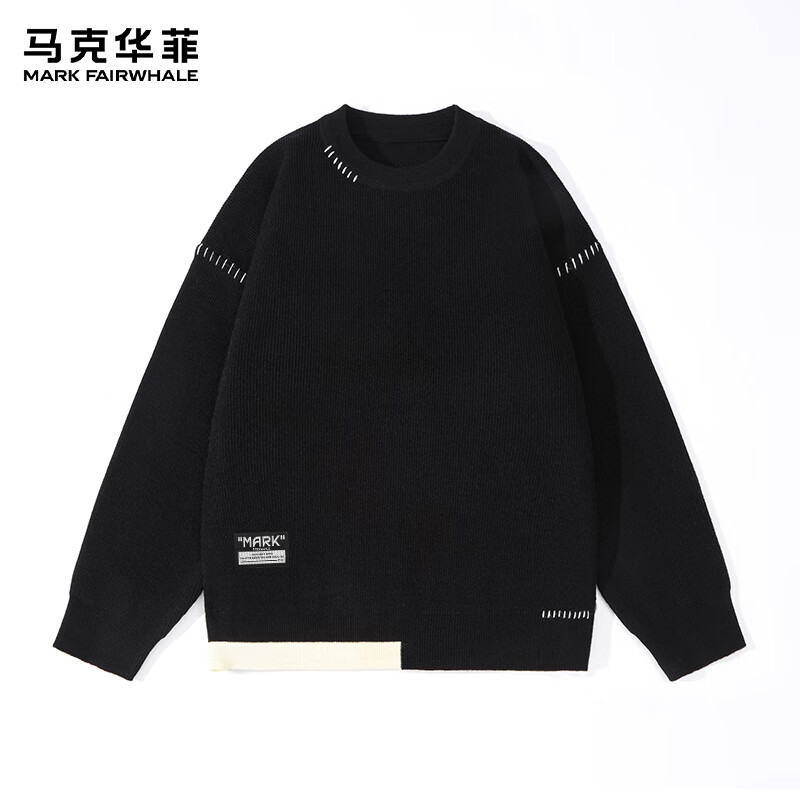 马克华菲（MARK FAIRWHALE）撞线圆领毛衣男装秋冬季潮流宽松柔软亲肤舒适透气不臃肿上衣 【撞色毛衣】-黑#纯色 XL