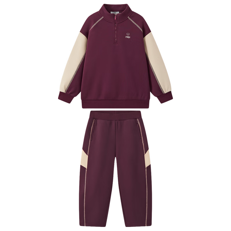 马骑顿【加绒套装】MQD男童25冬学院风运动撞色立领两件套 暗红 130