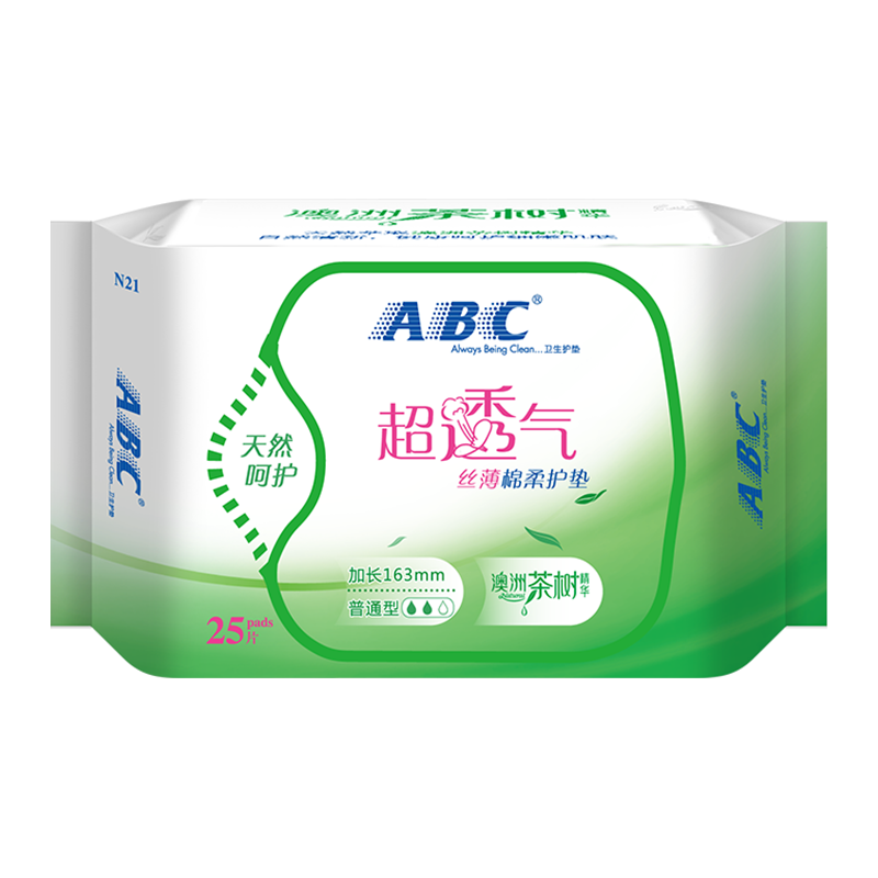ABC 卫生巾姨妈巾护垫澳洲茶树精华超薄超透气加长163mm25片*1包