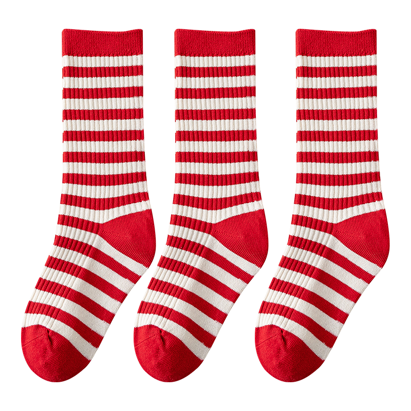 宝娜斯 【3双装】儿童中筒袜红白条纹女童中大童百搭中筒袜