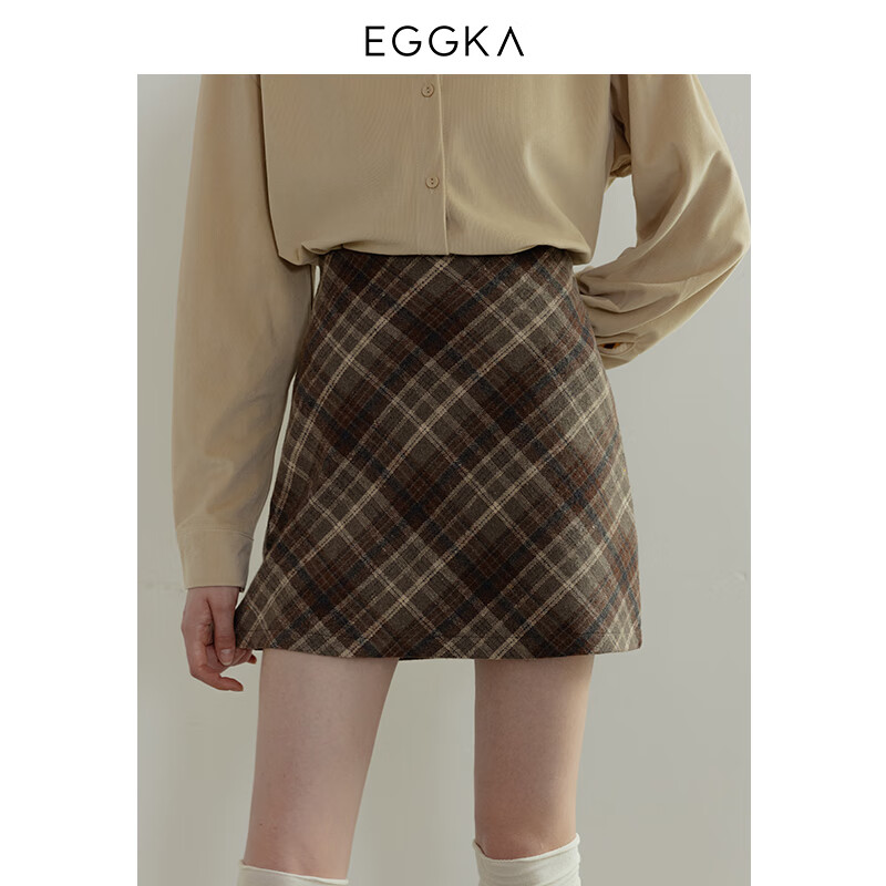 EGGKA 高腰a字半身裙秋冬新款显瘦格子短裙小个子棕色毛呢裙子