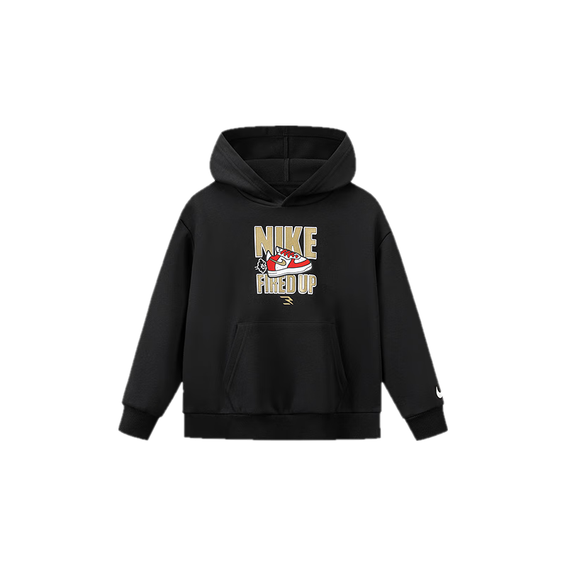 NIKE3BRAND 耐克男女童连帽加绒卫衣2025冬季撞色logo儿童保暖上衣 正黑色 150 /72 【身高140-152cm】