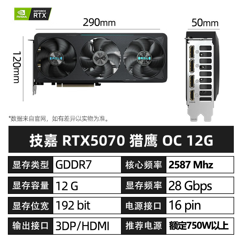 技嘉（GIGABYTE）/影驰/索泰RTX5060Ti/5070Ti大师独立游戏台式电脑显示卡 技嘉 RTX5070 猎鹰 OC 12G 显卡 8GB