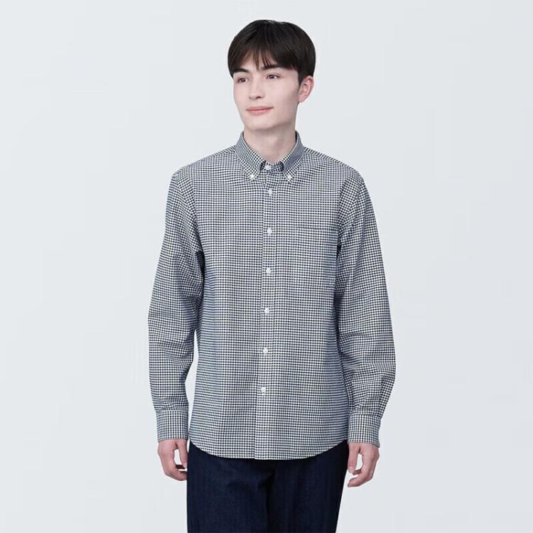 無印良品 MUJI 男式 棉水洗牛津 纽扣领 长袖衬衫 休闲