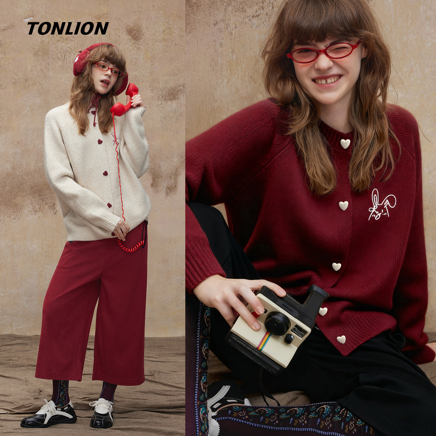 唐狮2026秋冬毛衣慵懒风针织开衫外套女撞色爱心复古毛衣外套