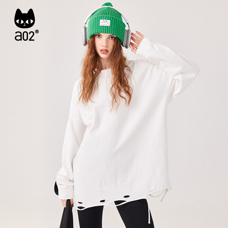 a02遮肉显瘦内搭女长袖T恤叠穿加厚白色打底衫破洞烂边宽松版上衣