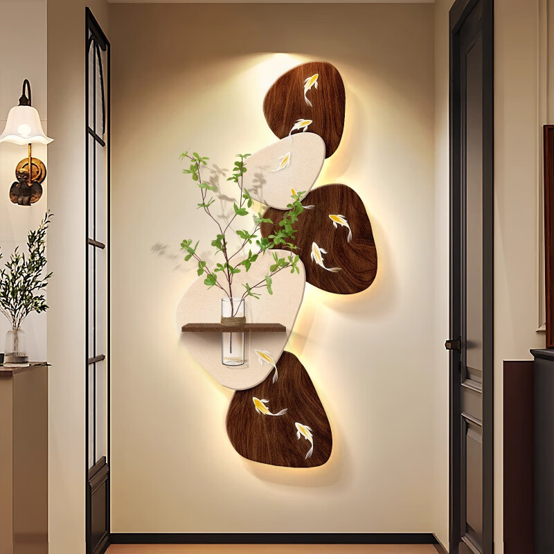 艾格辰石来运转玄关装饰画寓意好的水培绿植走廊挂画入户正对门LED灯画 跃赏锦鲤 无灯款手工砂岩画40*80