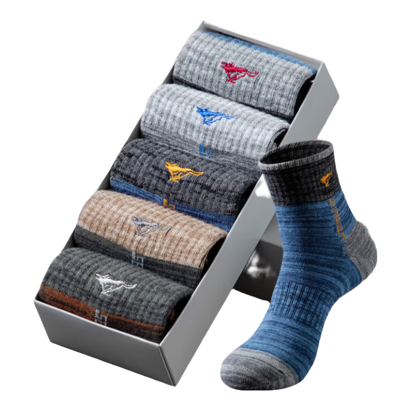 七匹狼袜子男纯棉秋季运动袜中高筒全棉户外袜吸汗透气 5双混色盒装 均码